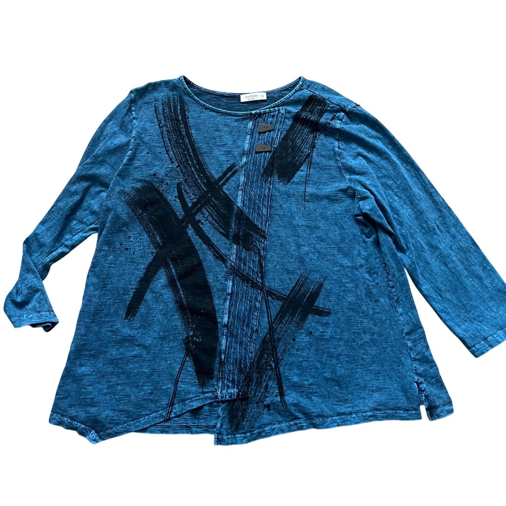 Jess & Jane Top Womens Plus 1X Blue Abstract Graphic Print Boho Artsy Lagenlook
